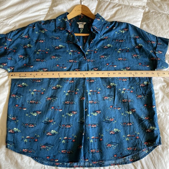 Duluth Trading Co Womens L Lightweight Printmaker Popover Blue Camper RV Organic - Picture 12 of 14